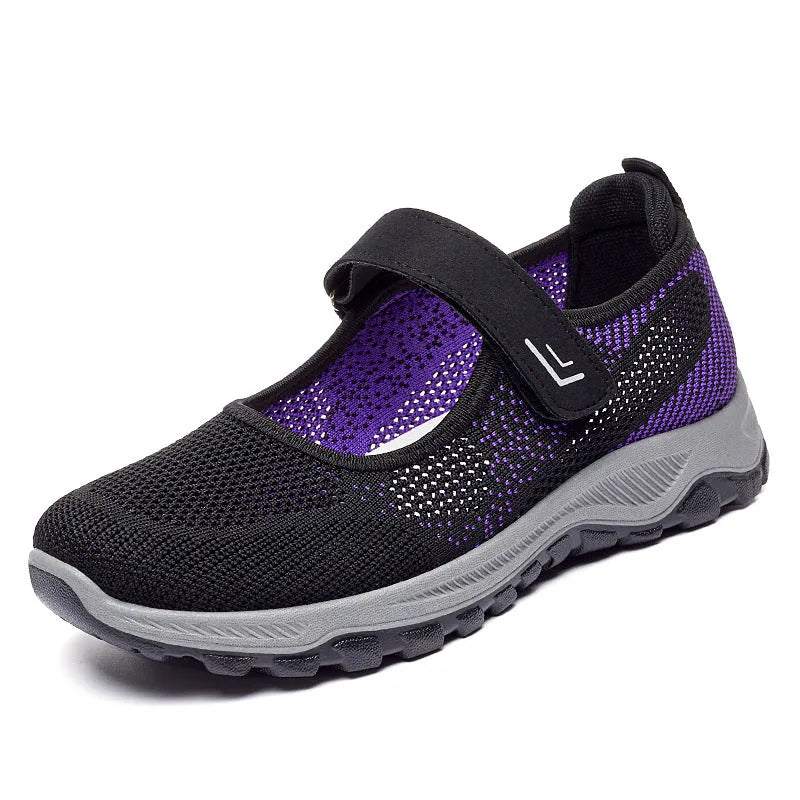 Women's Velcro walking shoes in Flyknit with mesh lining, low 1-3cm heel and round toe, Black And Purple