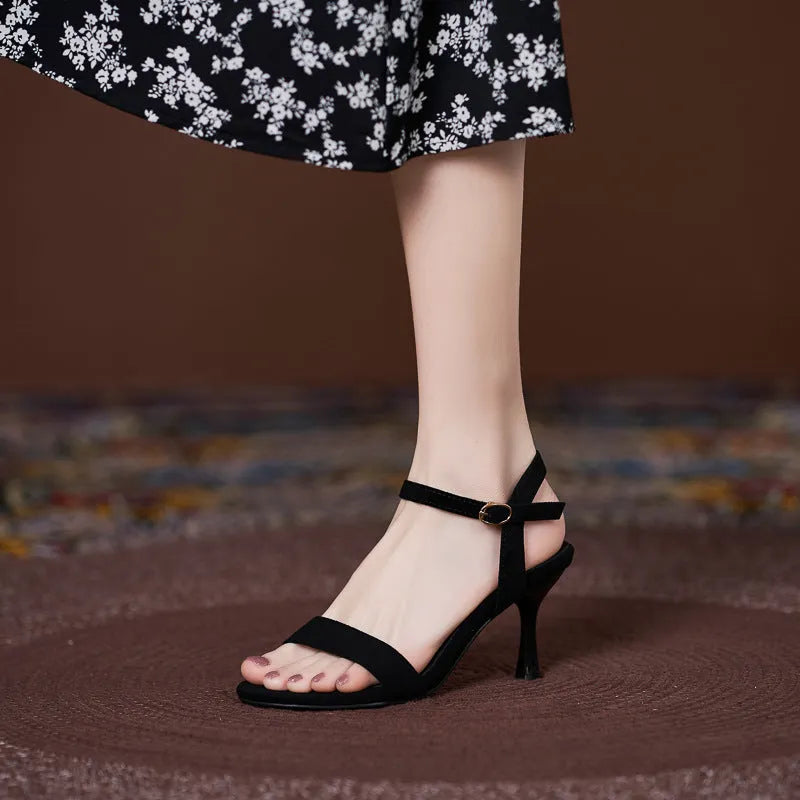 Women's small size suede sandals with simple high heel strap, black, 7cm heel, round toe
