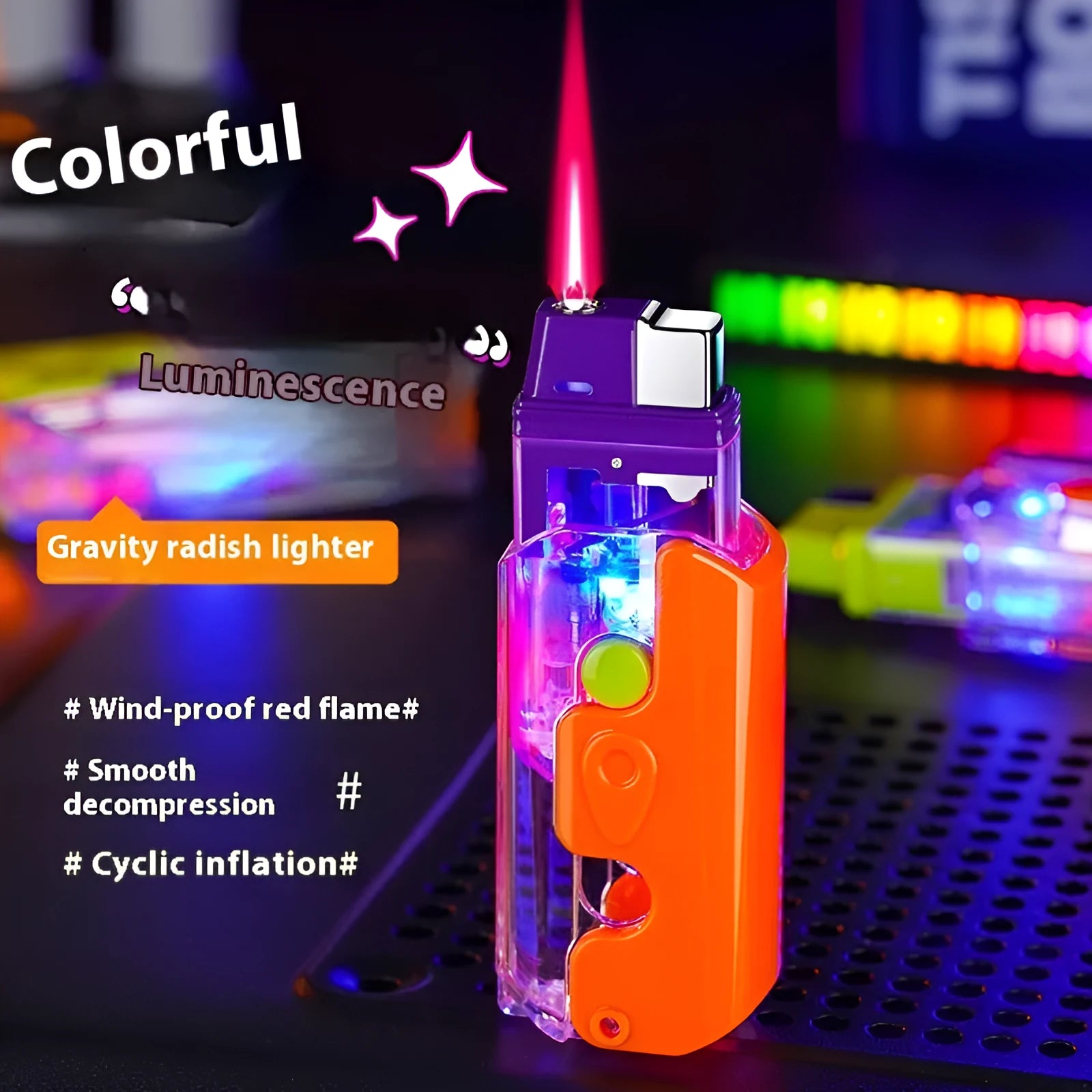 Colourful radish design lighter in orange, purple and green variants with wind-resistant function