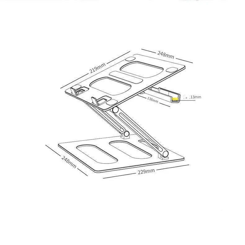Aluminium alloy metal laptop stand with 340mm elevation height on a desk, silver colour