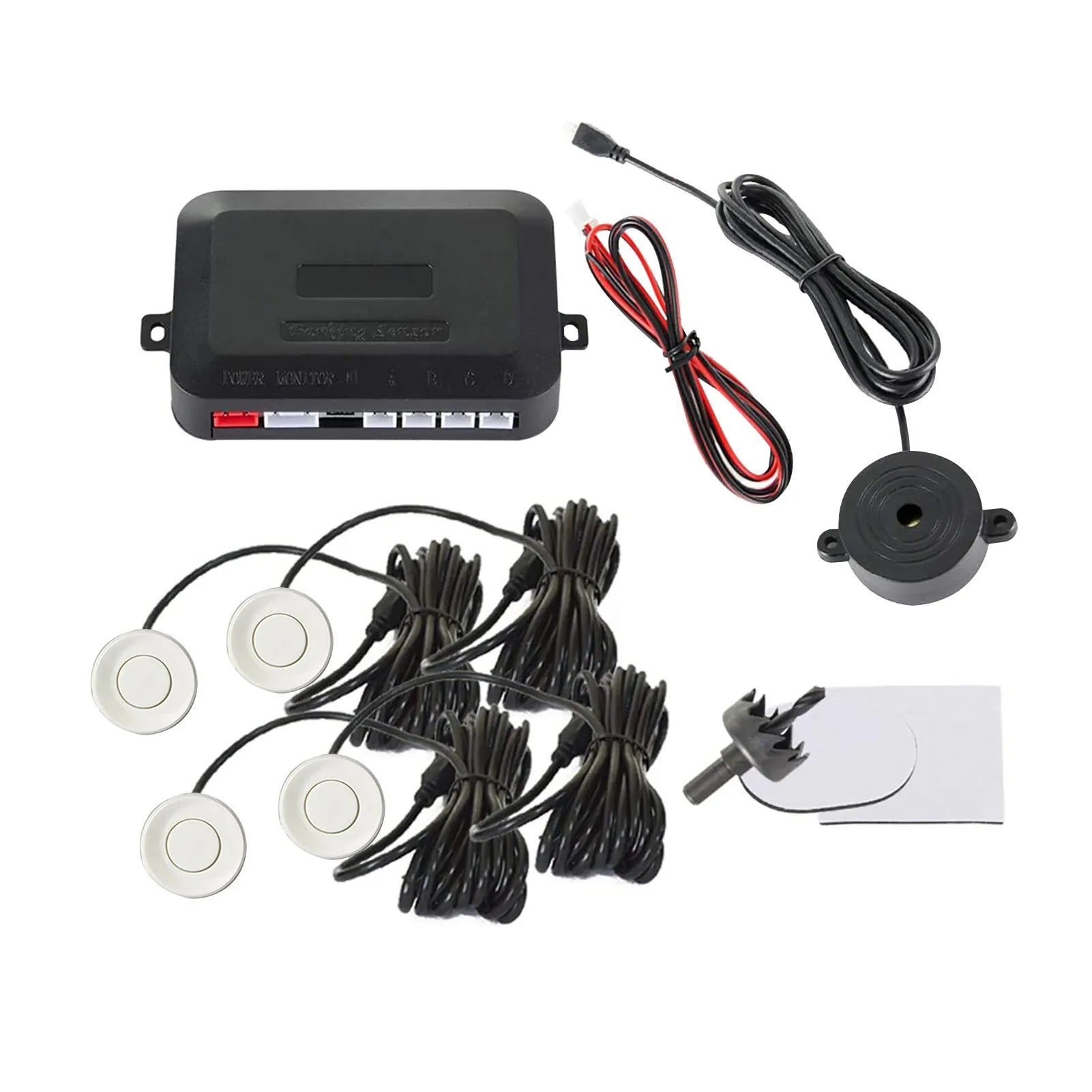 4-probe buzzer reversing radar kit with sensors, control module, and installation tools