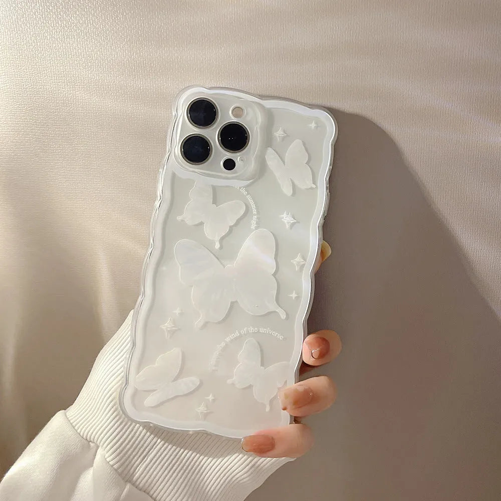 Transparent white crystal butterfly TPU phone case for iPhone 12 to 15 models, painted design
