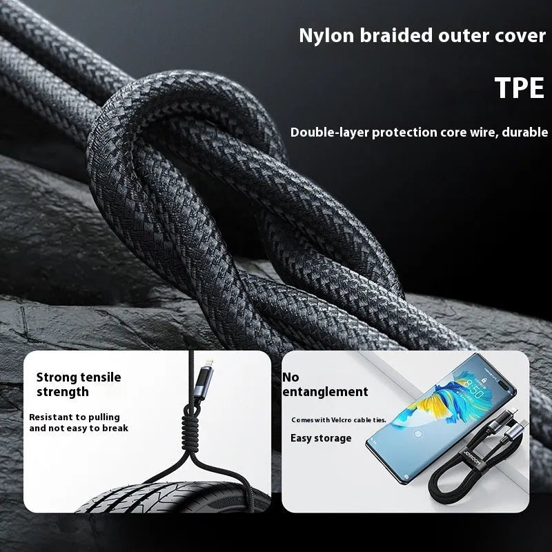 Black PD20 66W fast charge data cable with braided nylon exterior and digital display showing charging status