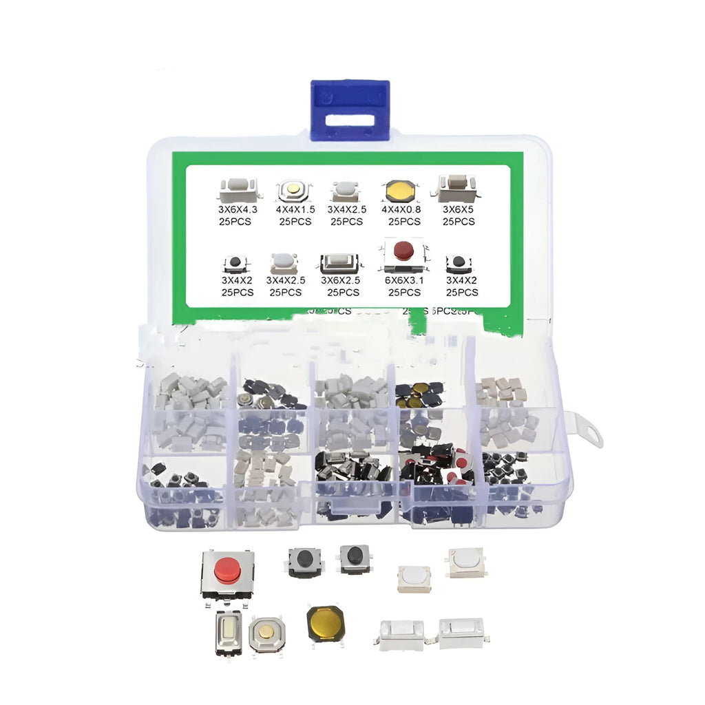 250 SMT touch switch buttons in organised box for industrial electronics assembly