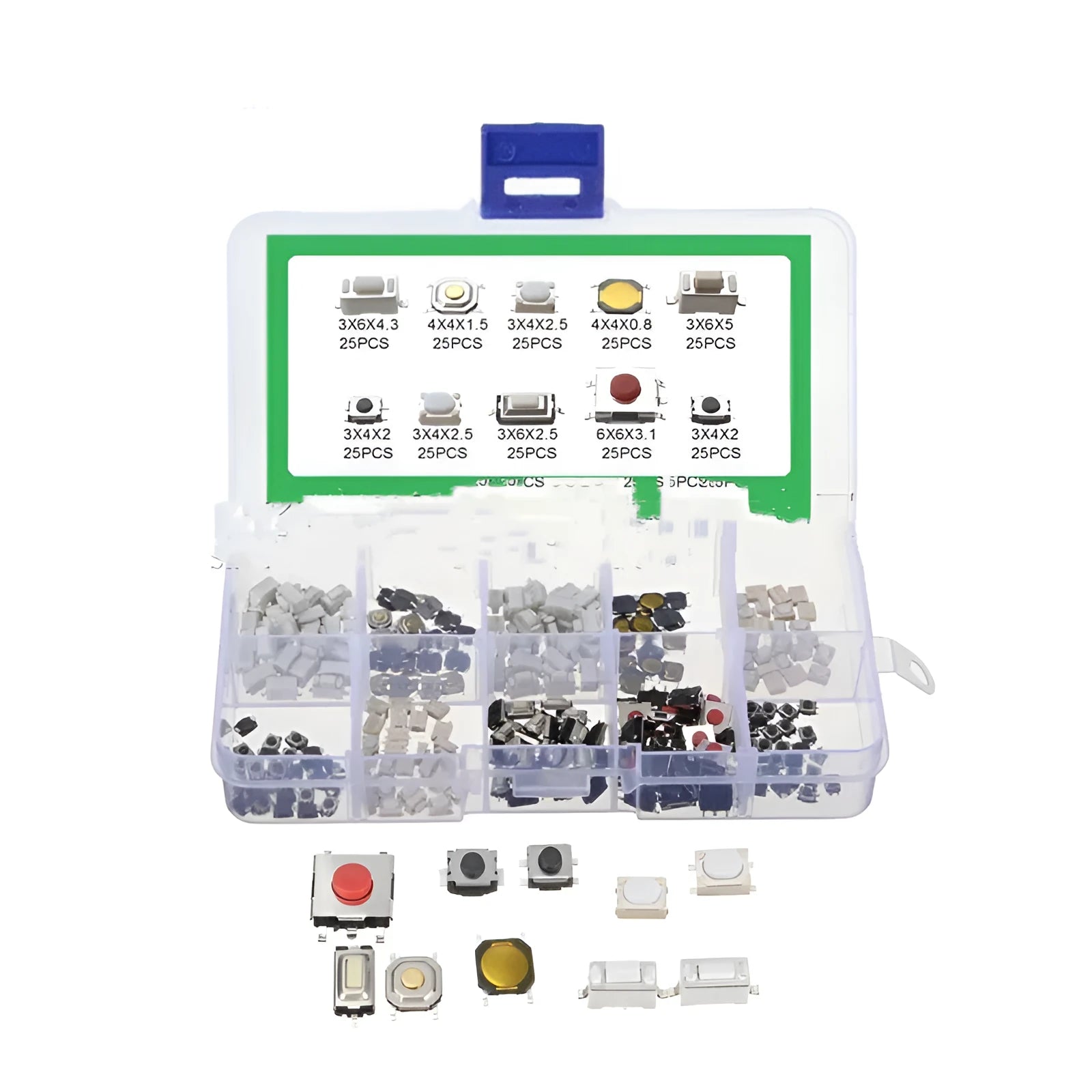 250 SMT touch switch buttons in organised box for industrial electronics assembly