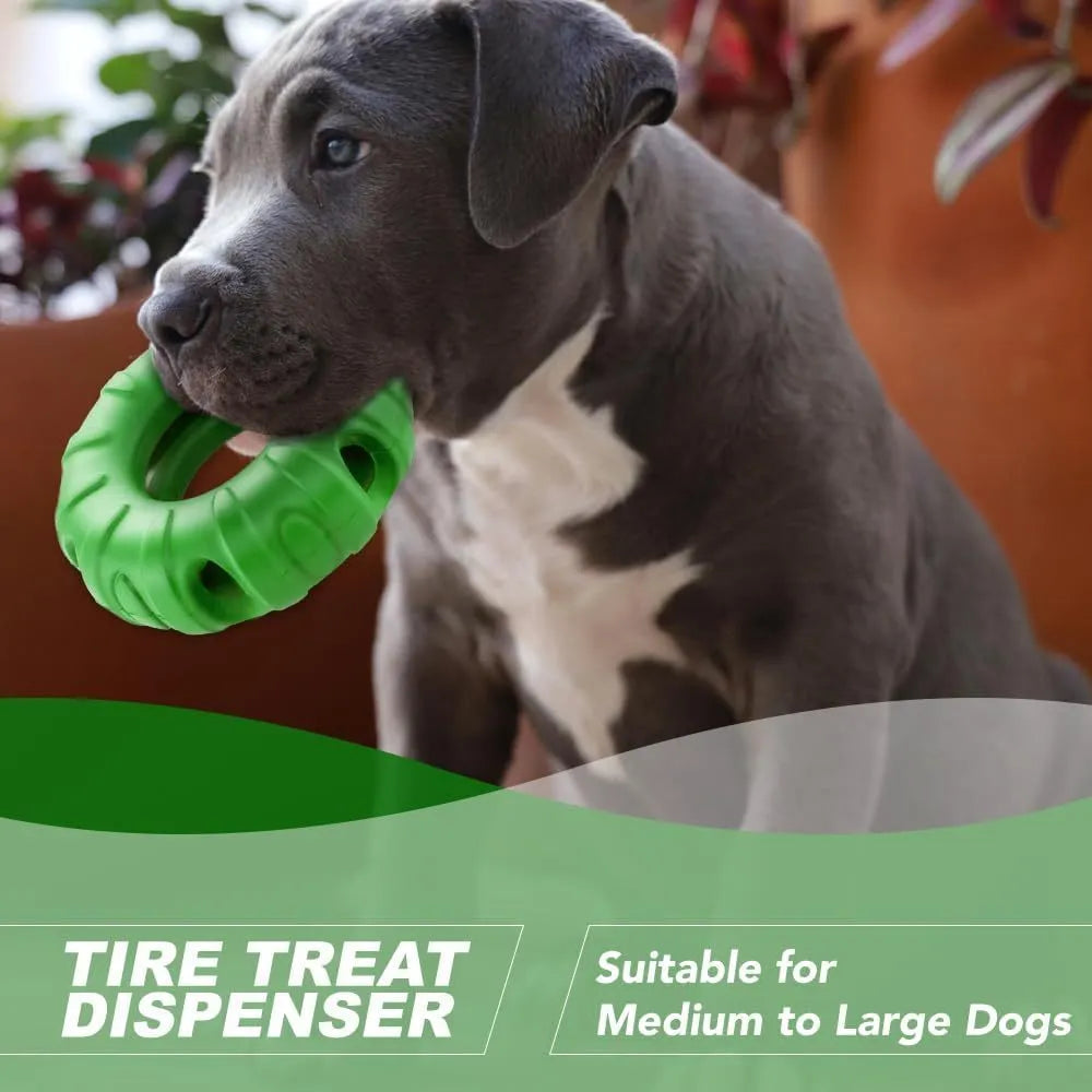Blue tyre-shaped dog chew toy with oval openings for food dispensing