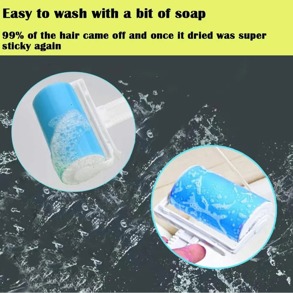 Set of four coloured washable reusable lint rollers with covers for removing pet hair.