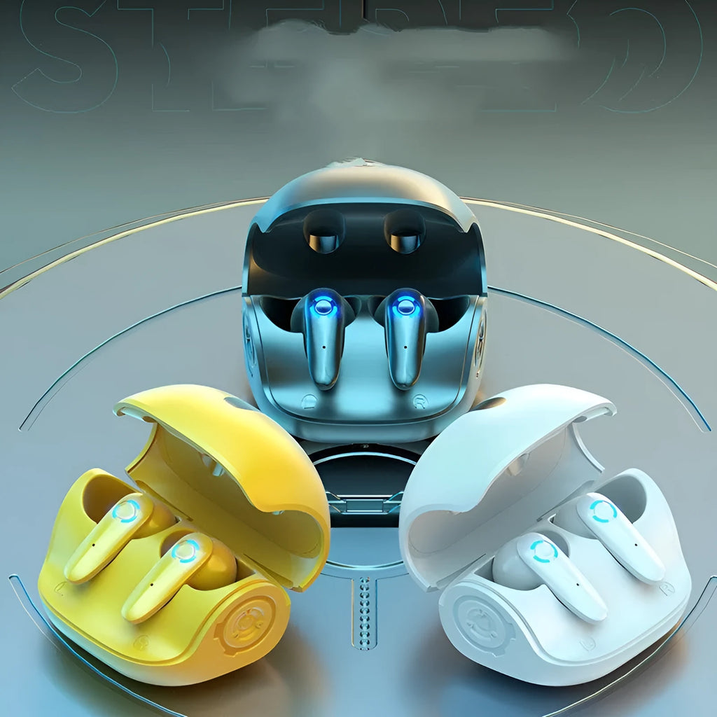 TWS gaming Bluetooth wireless headset in black, white, or yellow colours with earplugs and USB cable