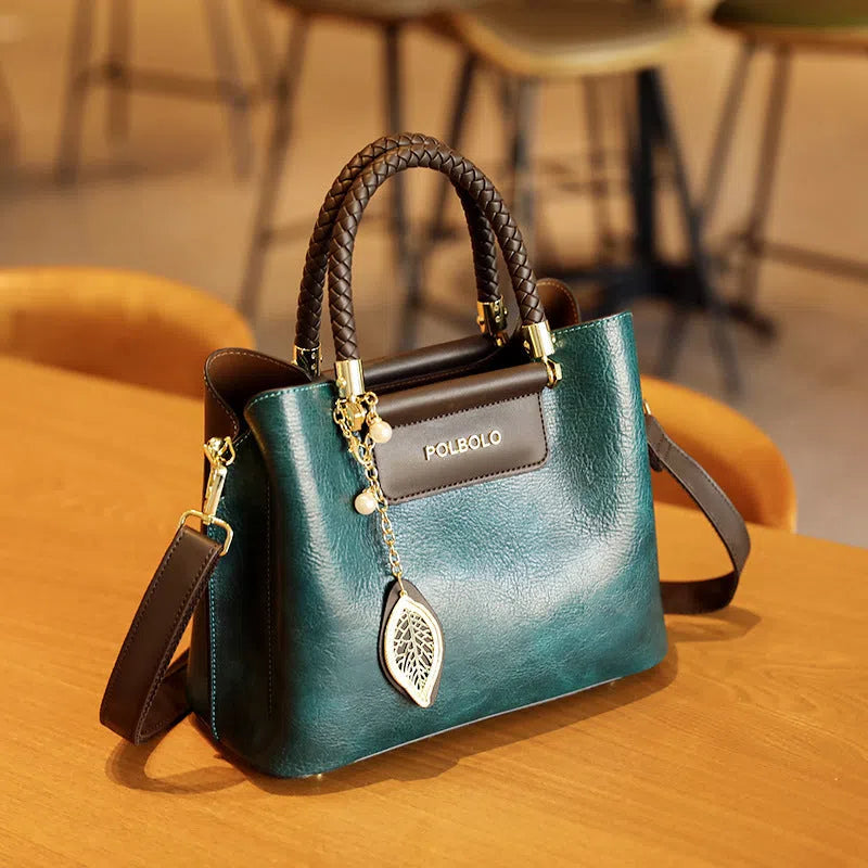 Genuine leather large-capacity tote bag for women mid-age mom style horizontal rectangular shape