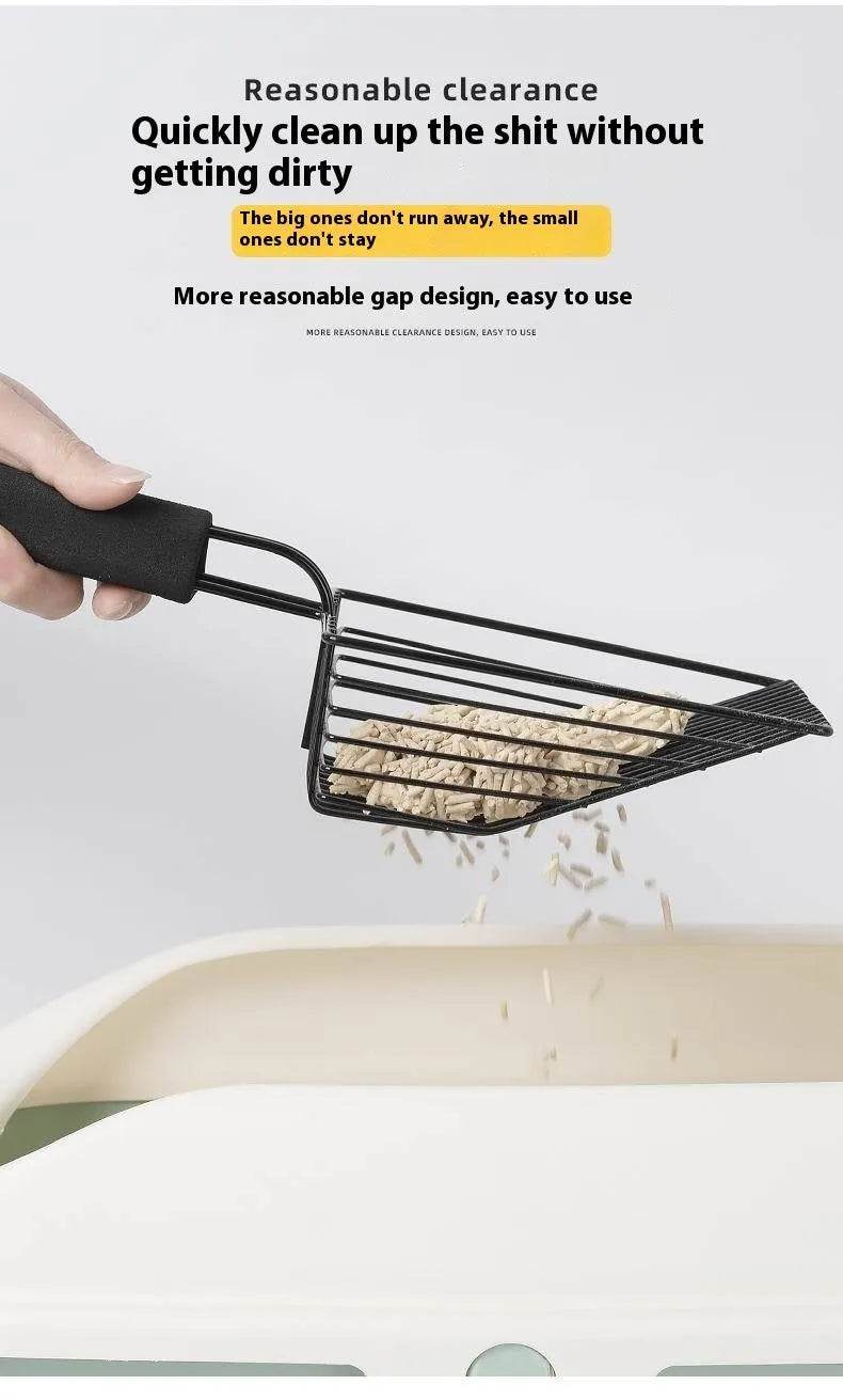 Black alloy metal cat litter scoop showing 0.8cm mesh detail