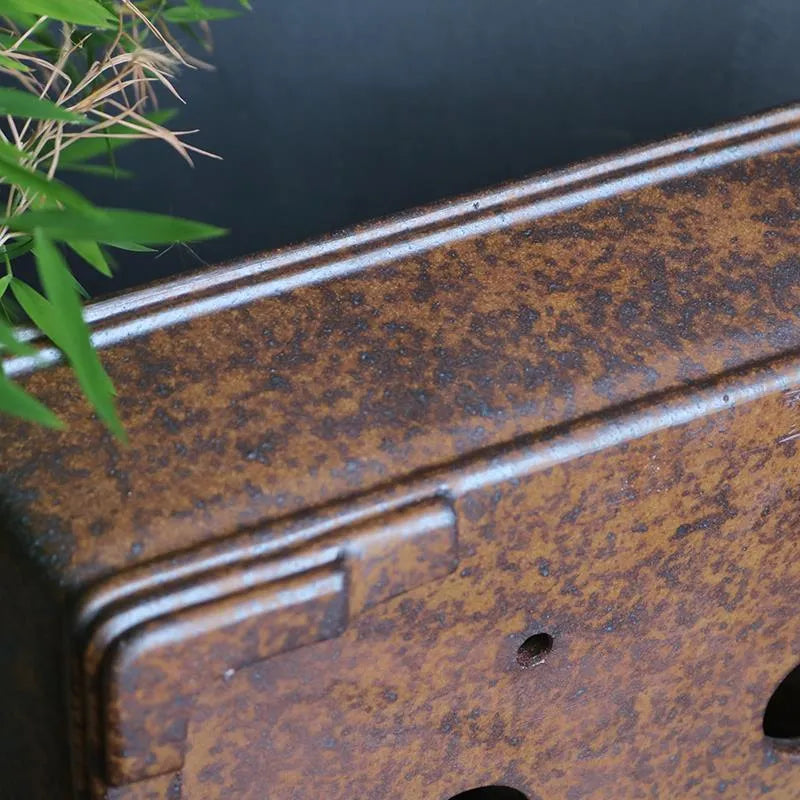 A rectangular purple sand bonsai pot shown in two sizes, for pine, cypress or boxwood trees.