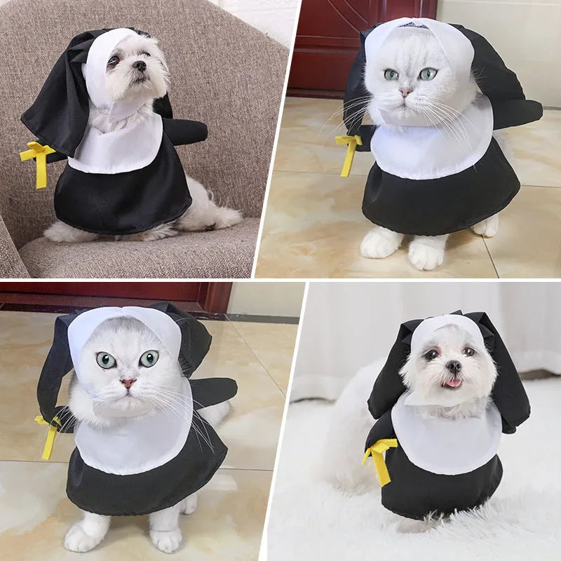 Black nun dress costume for cat or dog on mannequin