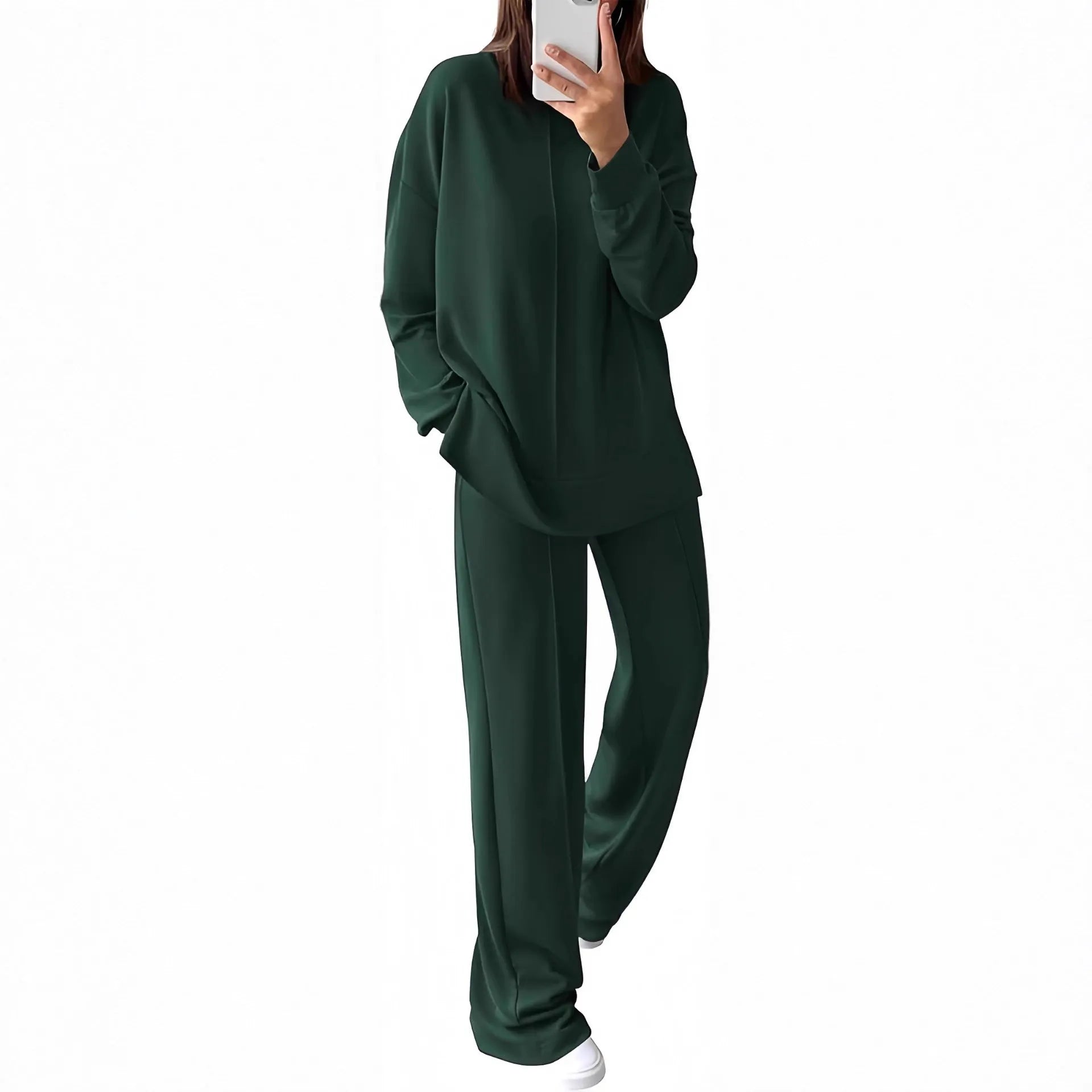 Women's army green long-sleeve polyester jogging suit, a two-piece top and trousers set for lounge wear.