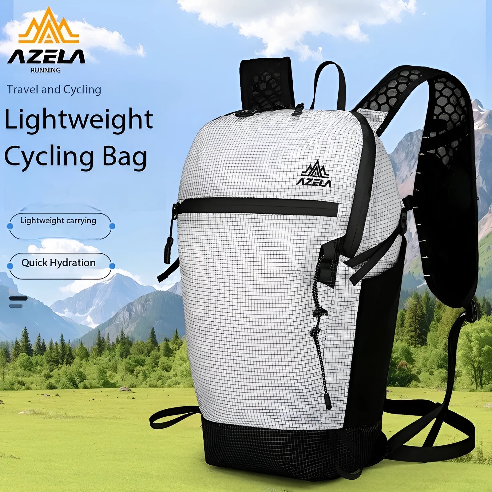 AZELA Grid Pattern Lightweight Hiking Backpack with breathable mesh back, Black colour, outdoor use