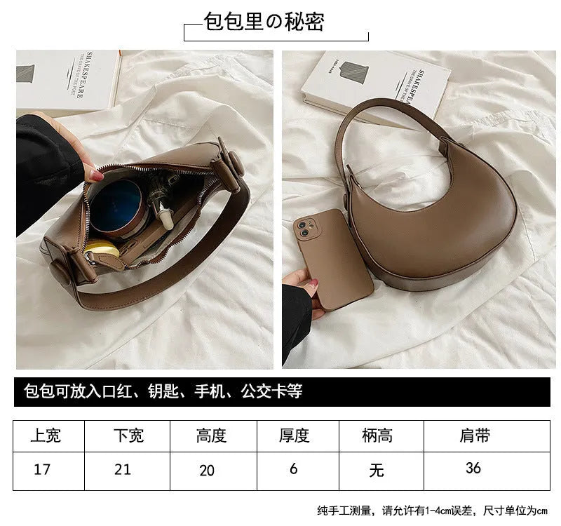 Retro dumpling-shaped women's shoulder bag in PU leather with a front pocket.