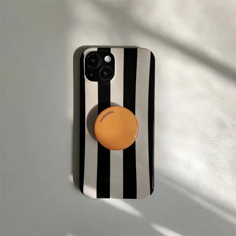Beige and black striped phone case with T letter and orange bracket for Apple iPhone 12 to 16 Pro Max