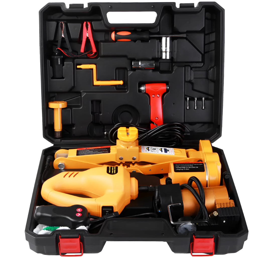 Yellow electric car jack set with electric wrench for vehicle maintenance