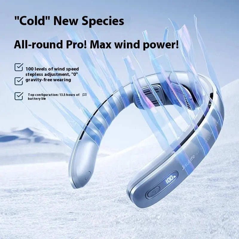 Silver grey hanging neck portable fan with bladeless design and USB charging port