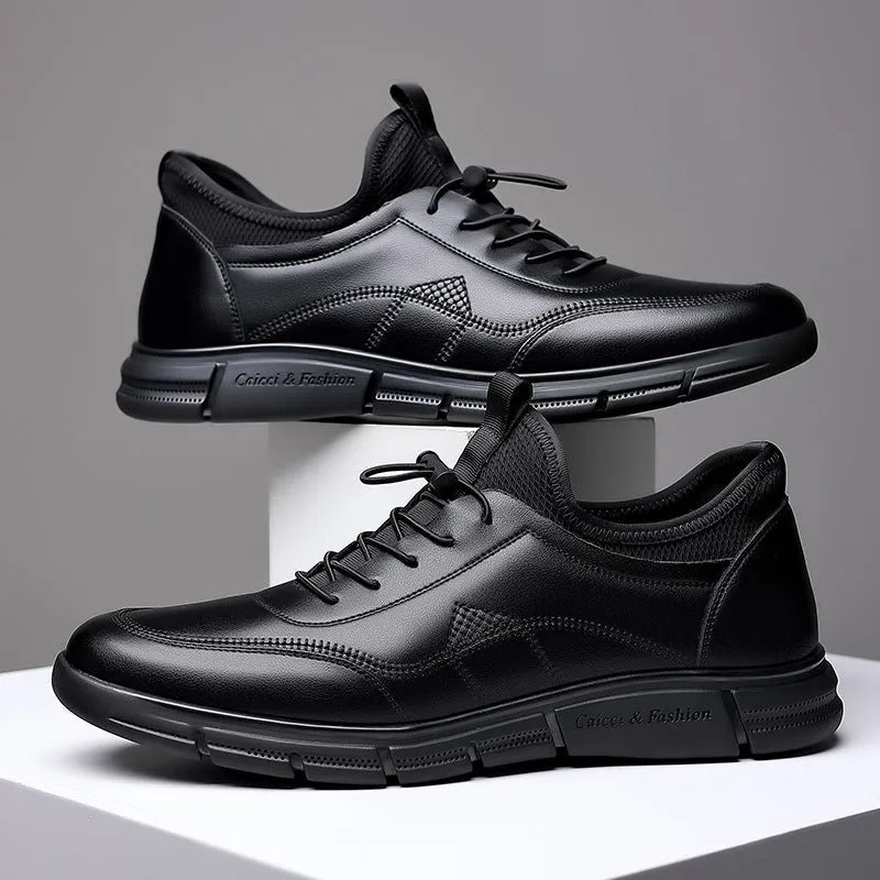 Black men's casual business shoes with round toe and leather stitching details