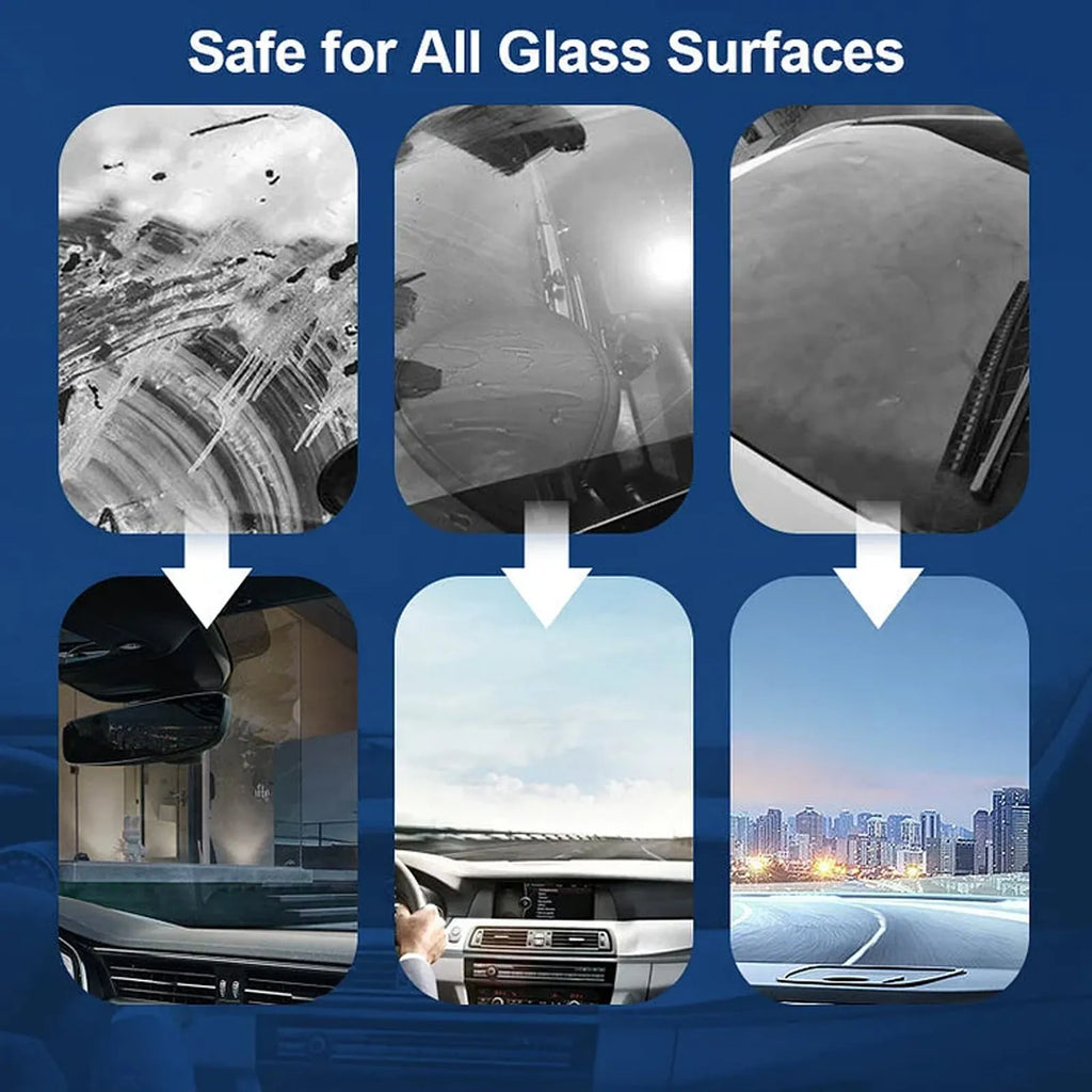 Car windscreen cleaning kit showing 150ml detergent bottle, sponge and cloth for automotive glass.