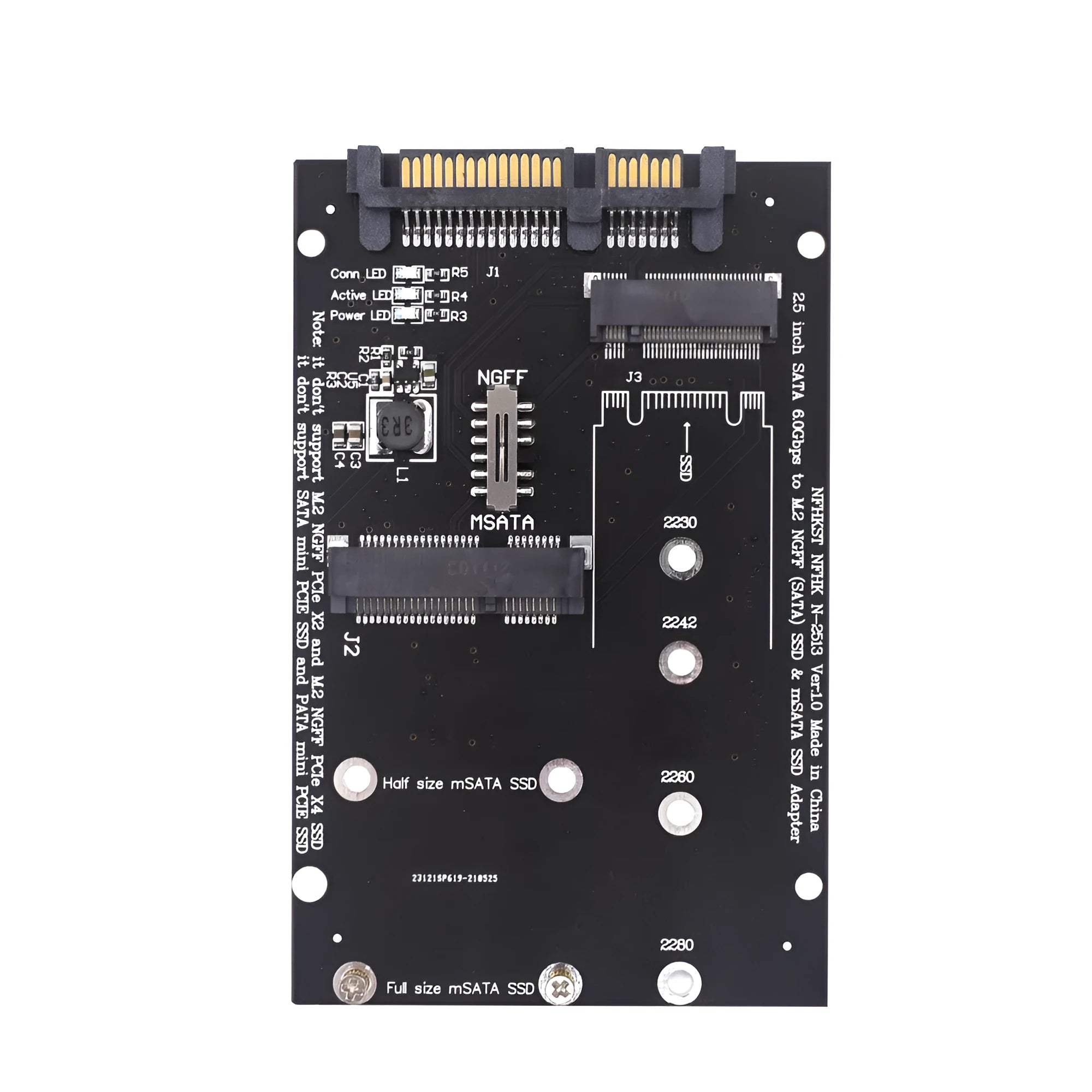 Black and blue SATA3 to M.2 NGFF mSATA SSD conversion adapter card on a white background.