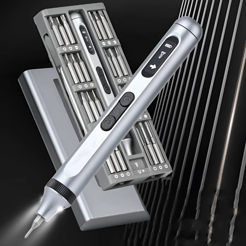 Compact aluminium electric screwdriver with precision bits for DIY and electronics repair.