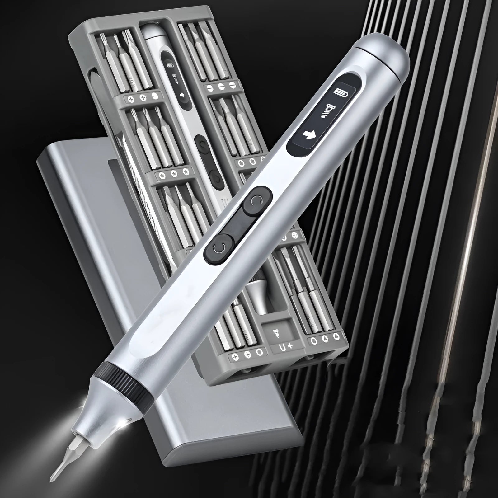 Compact aluminium electric screwdriver with precision bits for DIY and electronics repair.