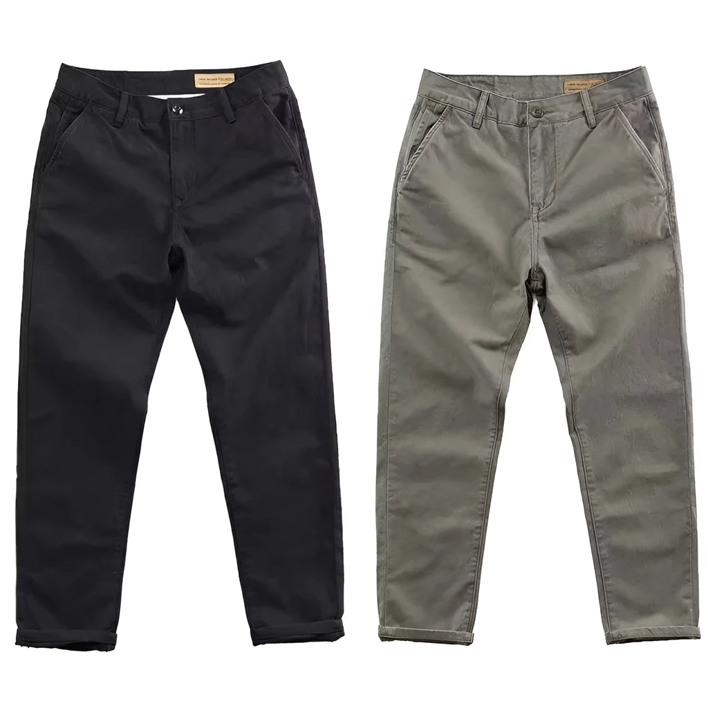 Men's slim fit straight-leg casual pants in a gray cotton blend fabric with an elasticated waistband.