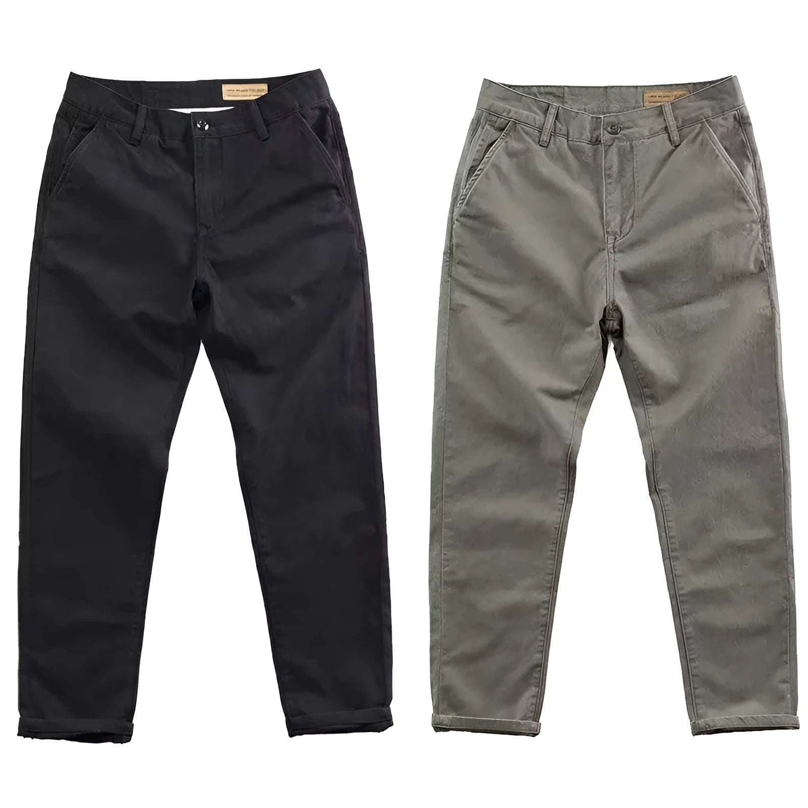 Men's slim fit straight-leg casual pants in a gray cotton blend fabric with an elasticated waistband.