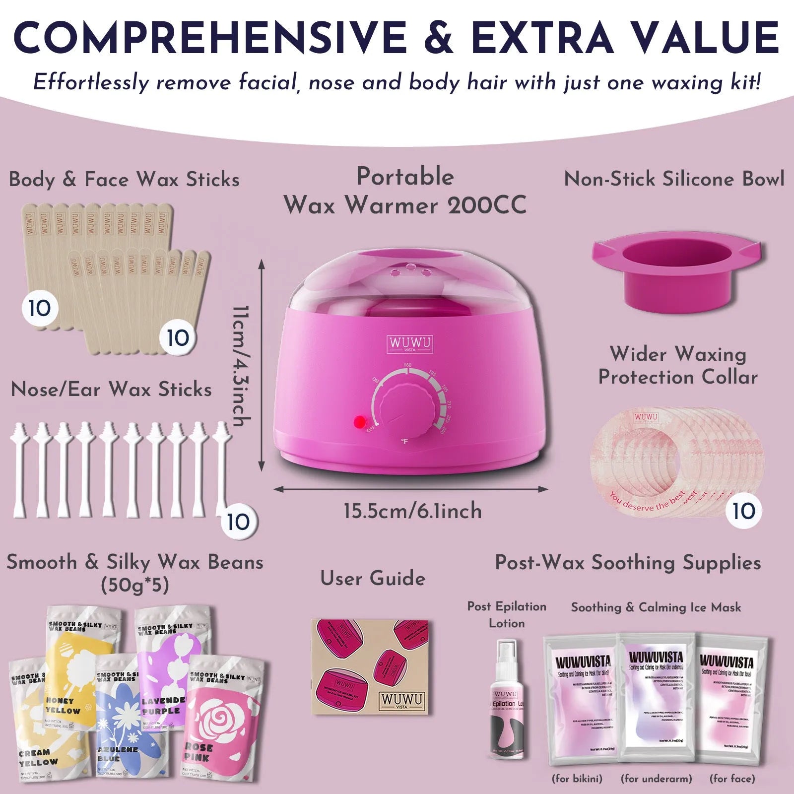 Professional waxing kit with black wax warmer, pots of hard wax beans, applicator sticks, post-care lotion, and ice masks.