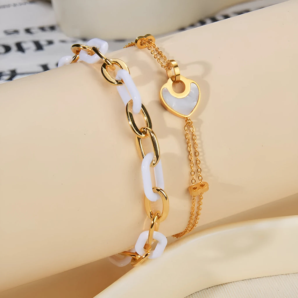 Women's stainless steel heart bracelet with double layers and electroplated resin finish