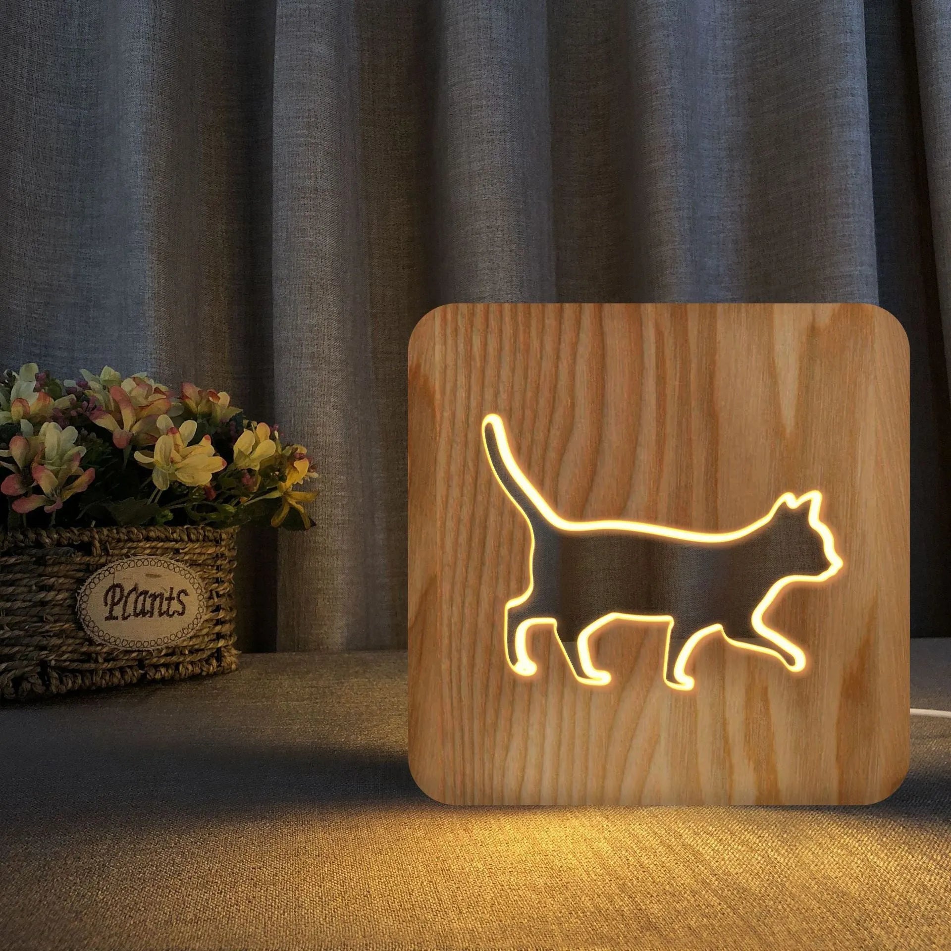 Solid wood 3D cat silhouette night light with hollow design and USB power cable