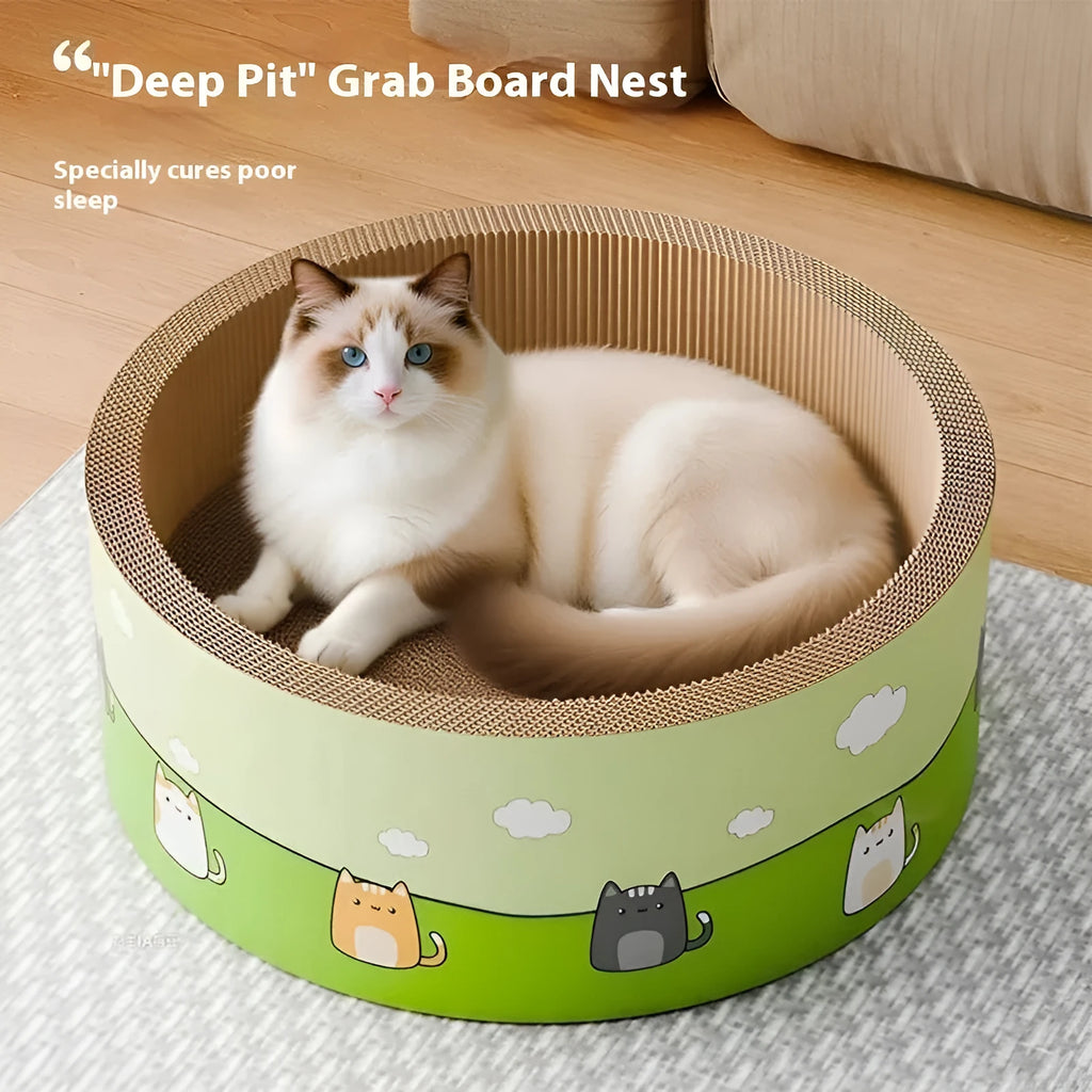 Large round deep pit cat scratch board made of brown corrugated paper on a wooden floor.