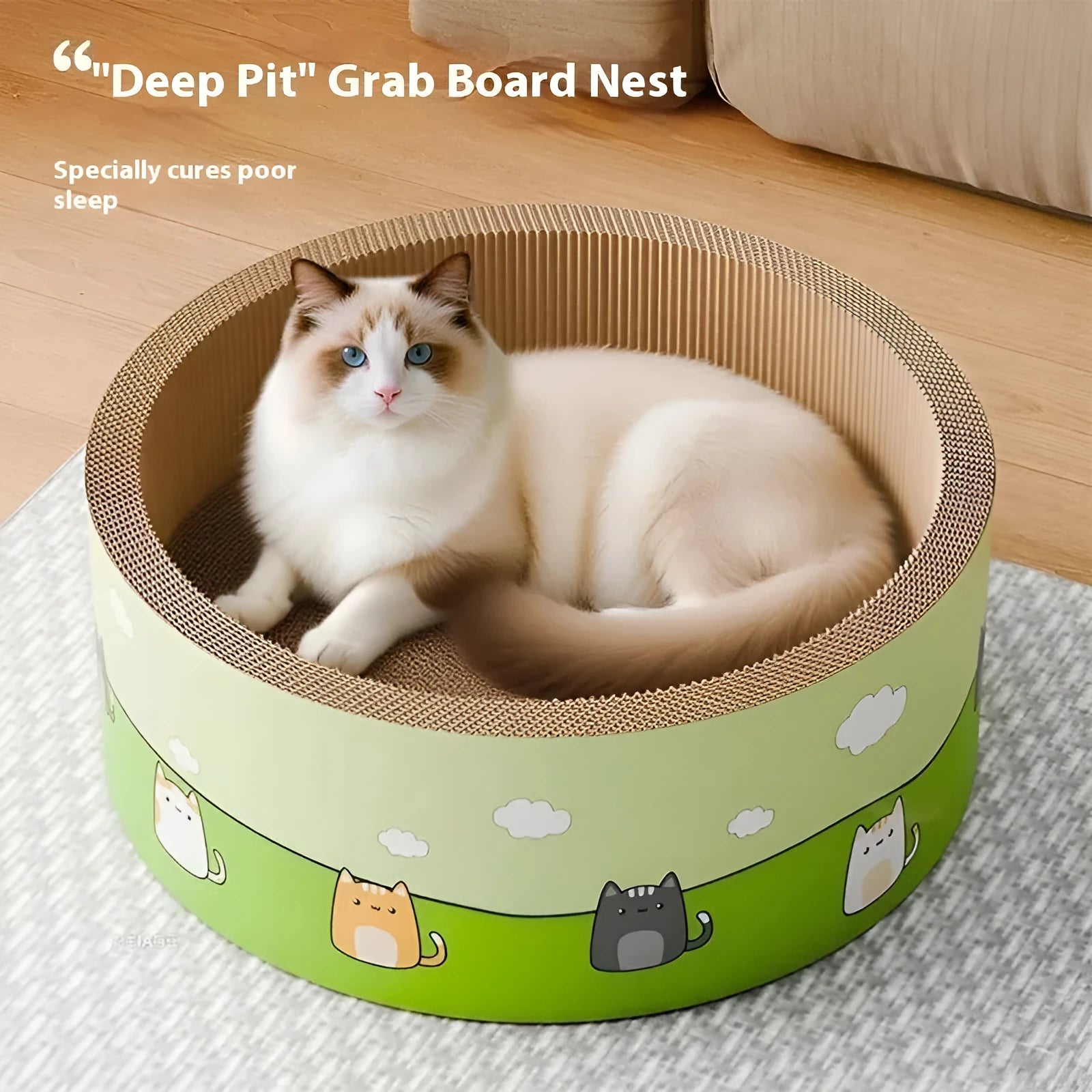 Large round deep pit cat scratch board made of brown corrugated paper on a wooden floor.