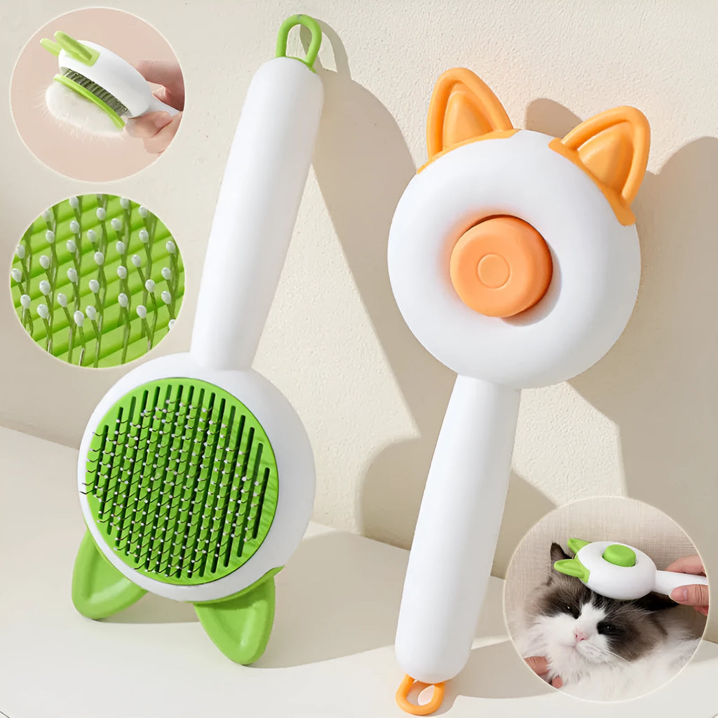 Self cleaning cat grooming comb with stainless steel teeth and TPR massage nodules