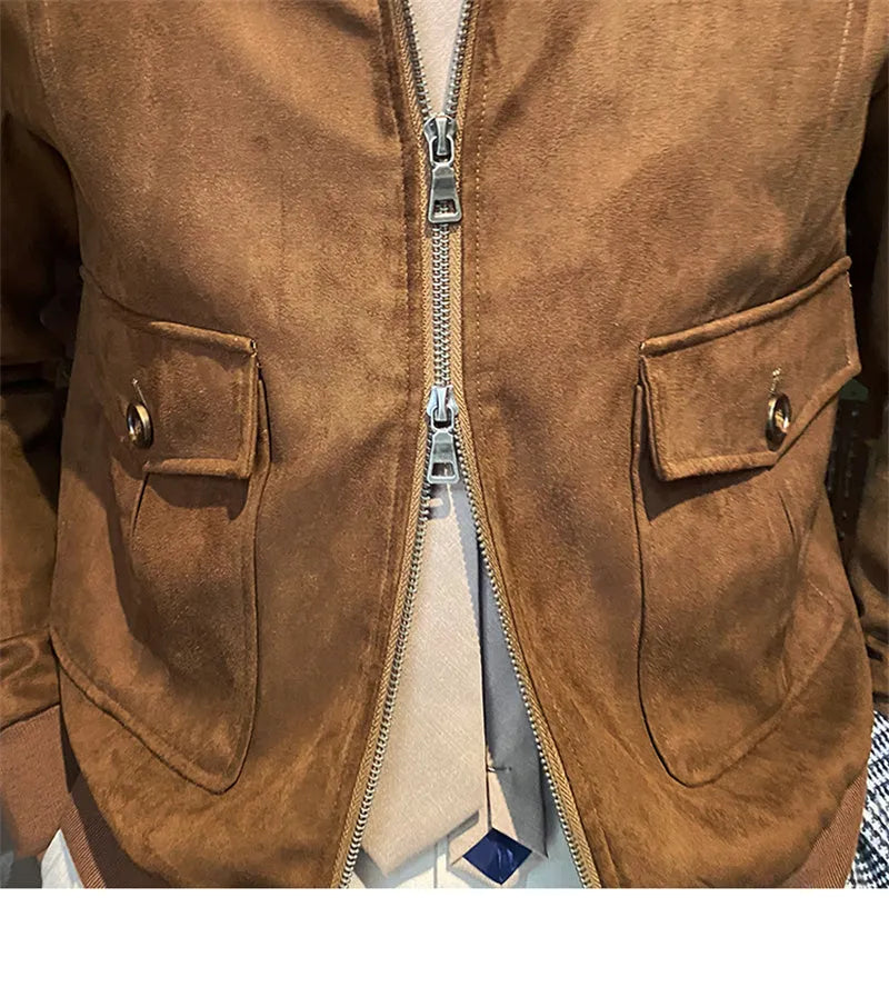 Men's suede bomber jacket, zip front, 100% polyester, dark brown dark green light khaki grey, sizes M-3XL