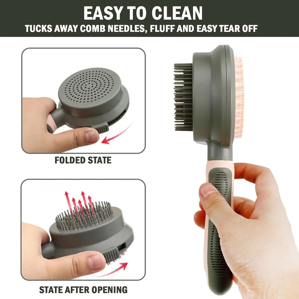 Pink double-sided cat grooming brush with release button and separate flea comb on white background