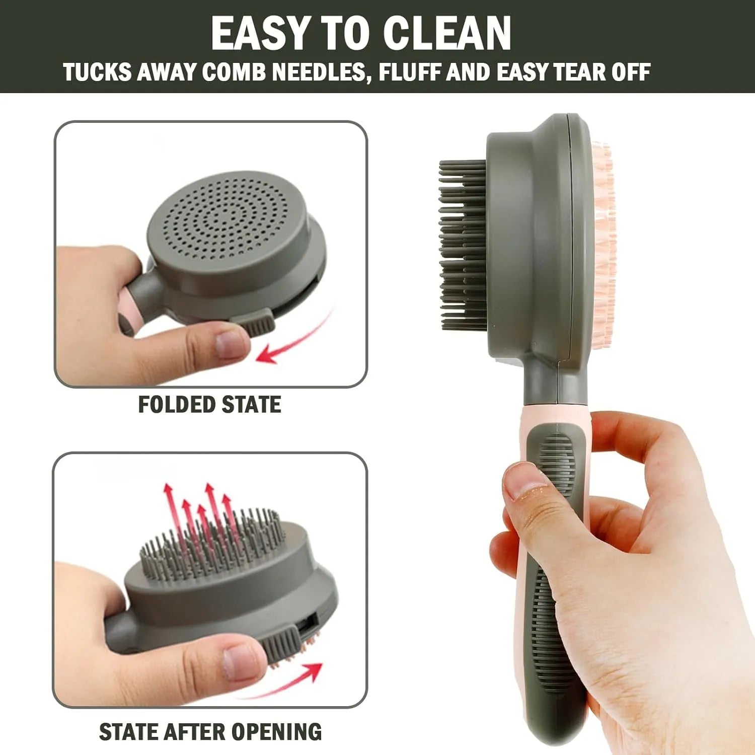 Pink double-sided cat grooming brush with release button and separate flea comb on white background