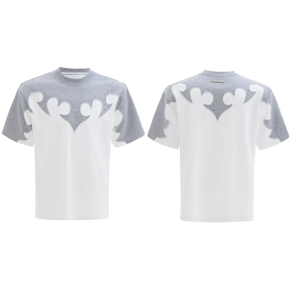 Men's grey cotton shirt with a raised burnt flower pattern and rhinestone decoration on the front.