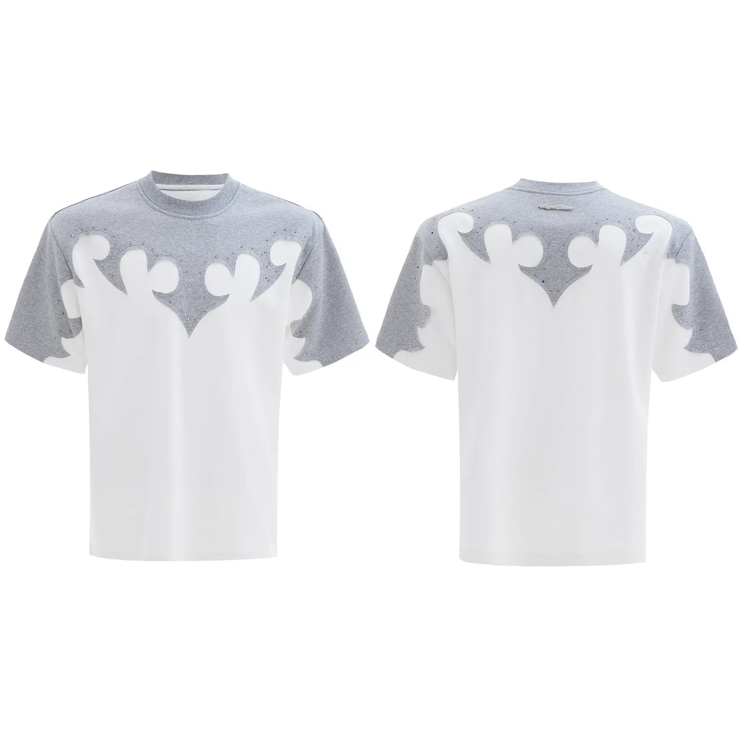 Men's grey cotton shirt with a raised burnt flower pattern and rhinestone decoration on the front.