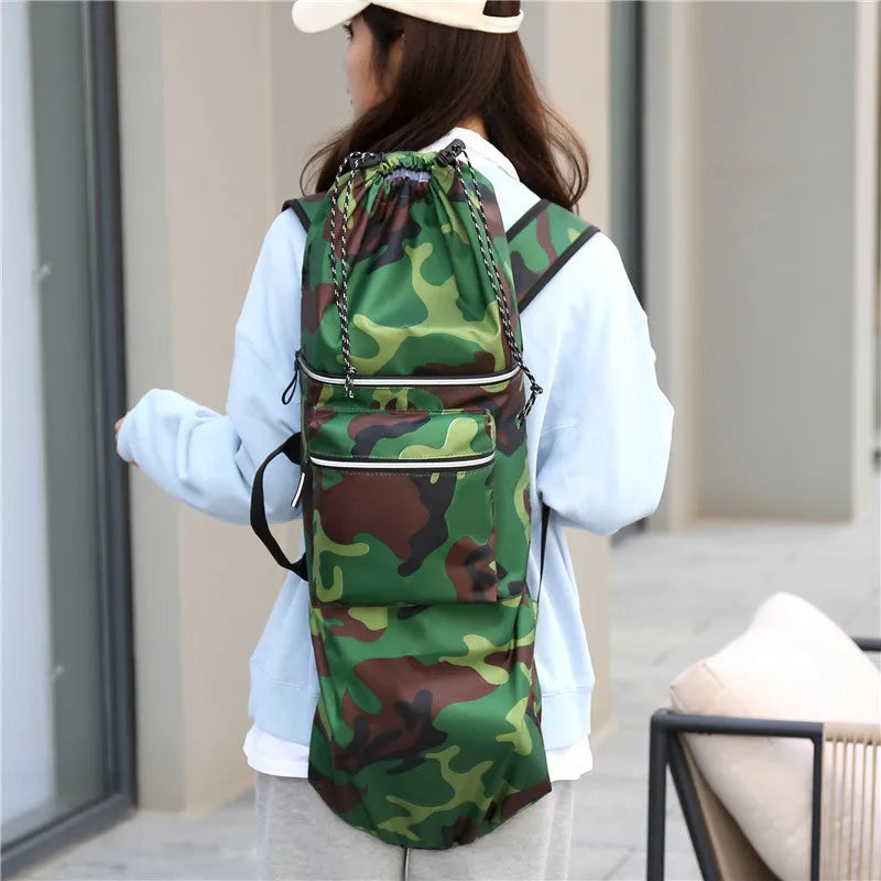 Lightweight waterproof nylon skateboard backpack in camouflage colour with large capacity.
