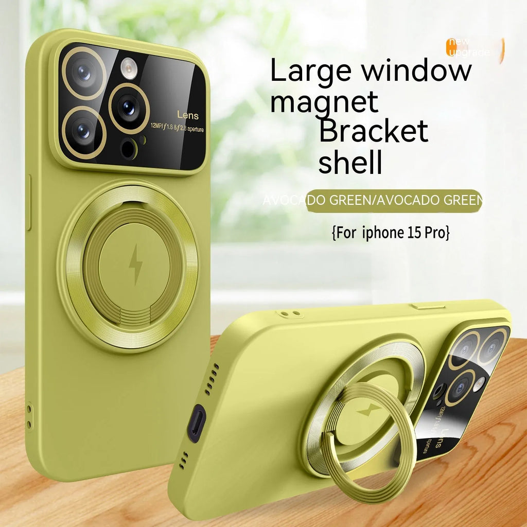 Large window magnetic bracket rotatable ring TPU phone case for iPhone 15 14 13 12 series in graphite black