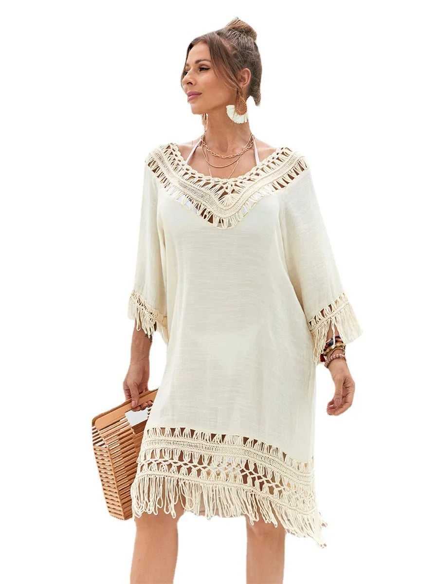 Women's hand-crocheted acrylic beach dress in apricot colour for swimming and wading sports
