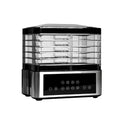 Silver stainless steel household food dehydrator with digital controls and mesh drying trays.