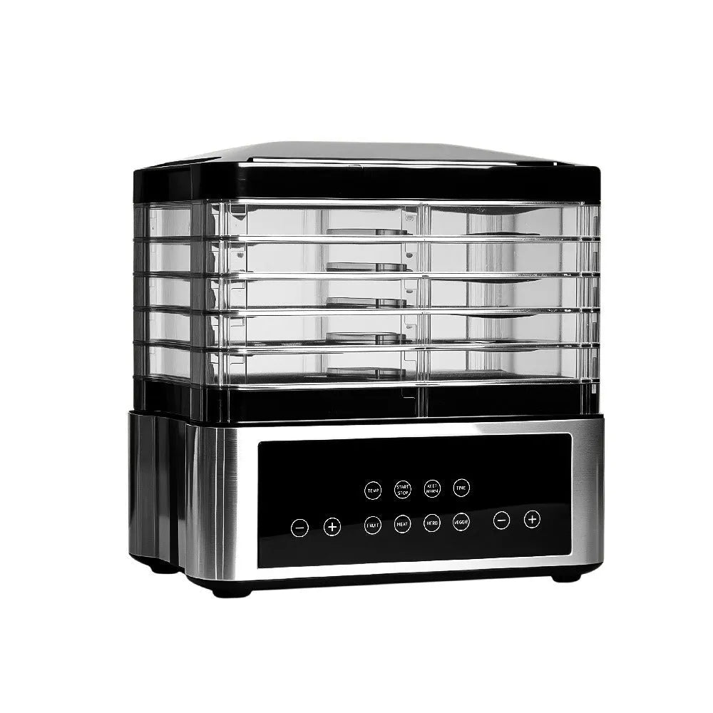 Silver stainless steel household food dehydrator with digital controls and mesh drying trays.