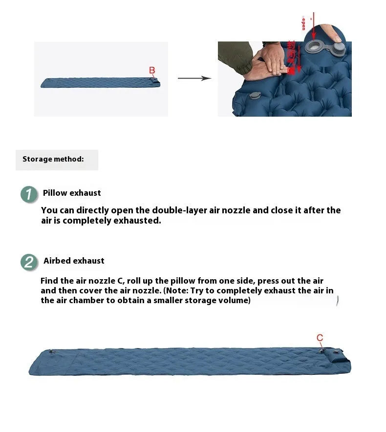 Honeycomb pattern inflatable camping mattress in blue or green colour options