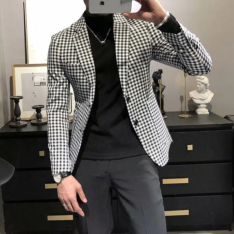 Black and white plaid casual jacket for youth, cotton blend, loose fit, sizes M to 2XL
