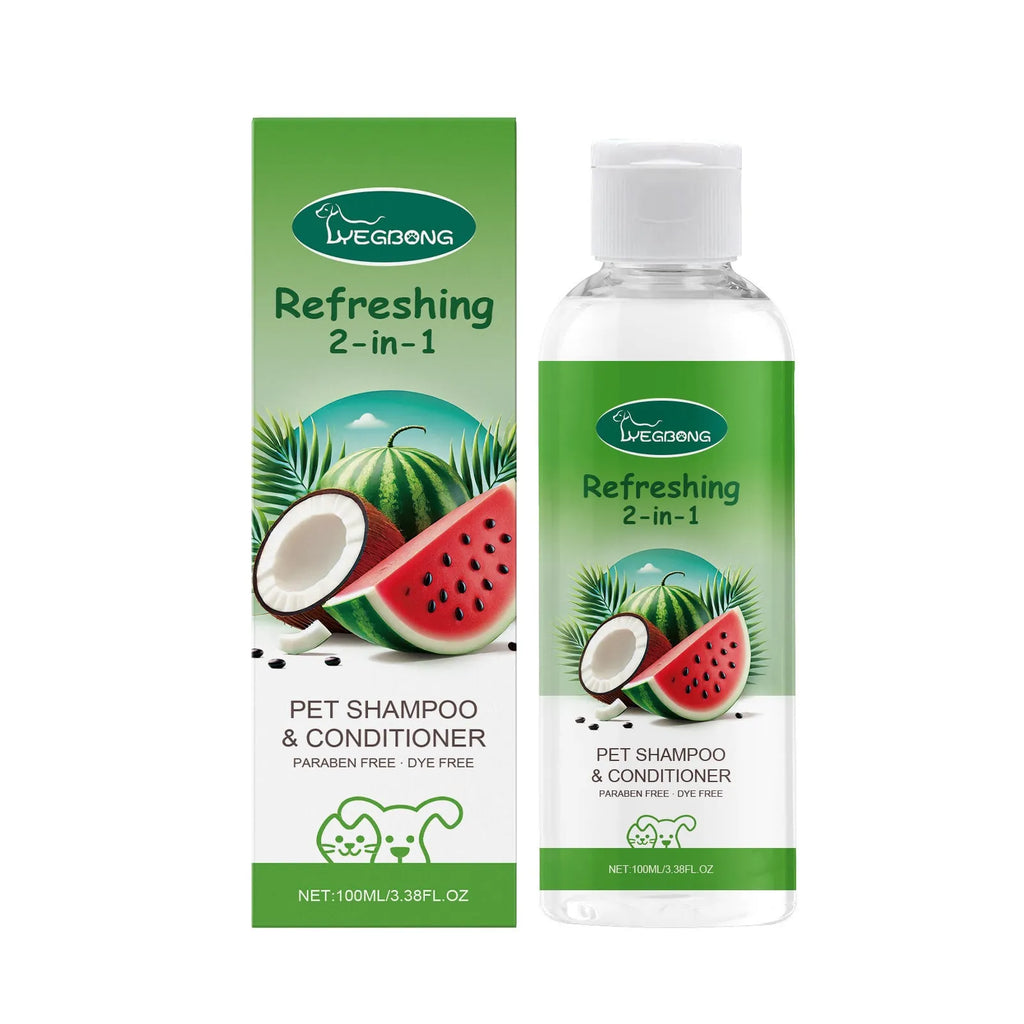 100ml bottle of pet 2-in-1 shampoo and shower gel with watermelon and coconut fragrance.