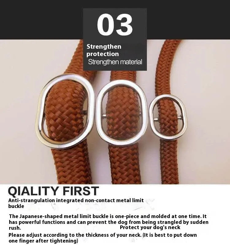 Brown nylon dog leash with P-chain attachment measuring 2.1 metres long