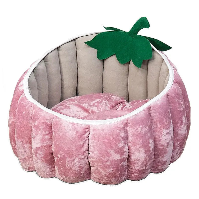 Halloween pumpkin-shaped pet bed with cartoon devil design for cats and small dogs